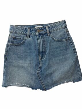 Mango MNG Denim Mini Skirt Light Wash Frayed Hem High Rise Casual Chic